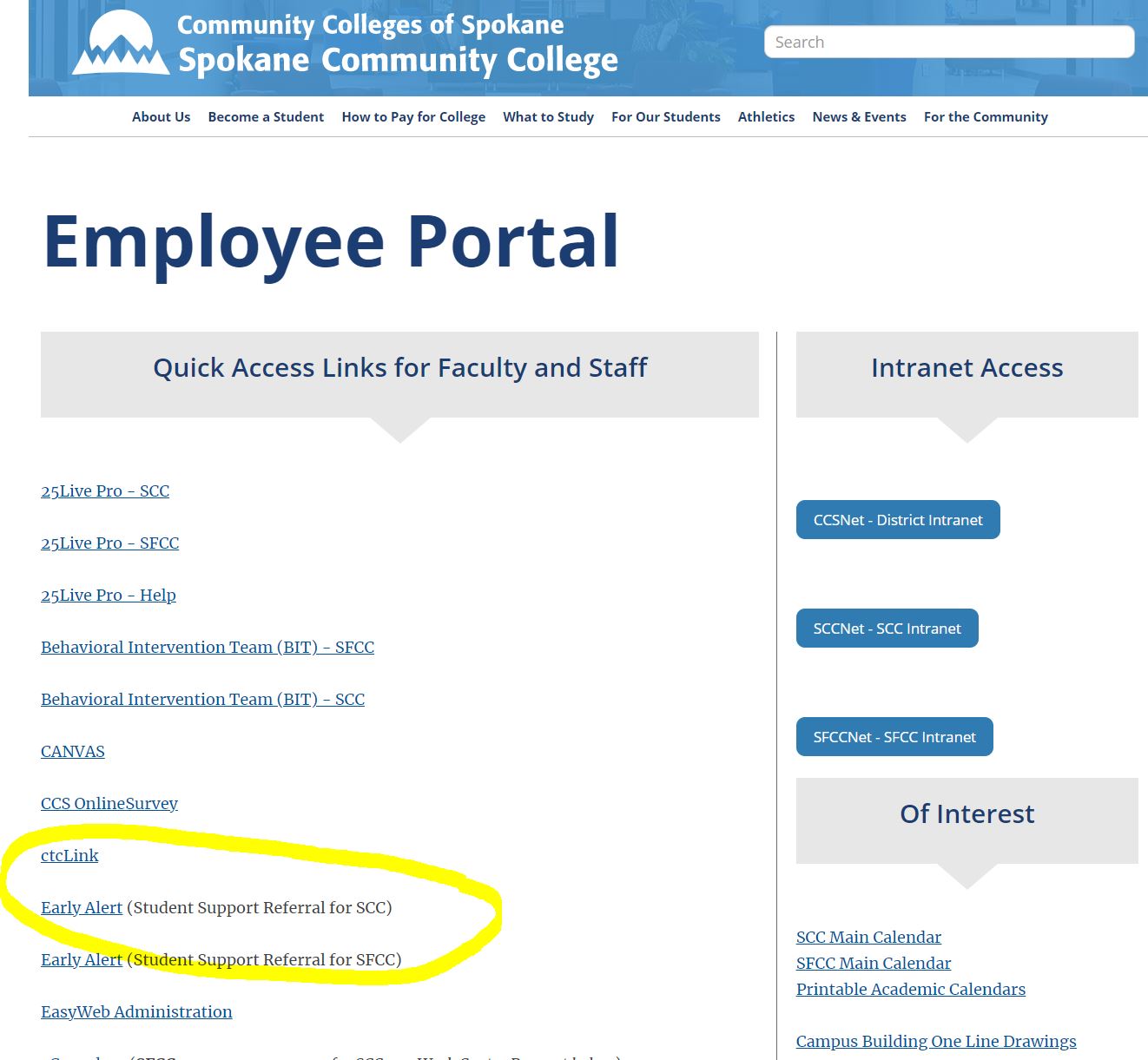 Screen Shot of Early Alert link in the employee portal